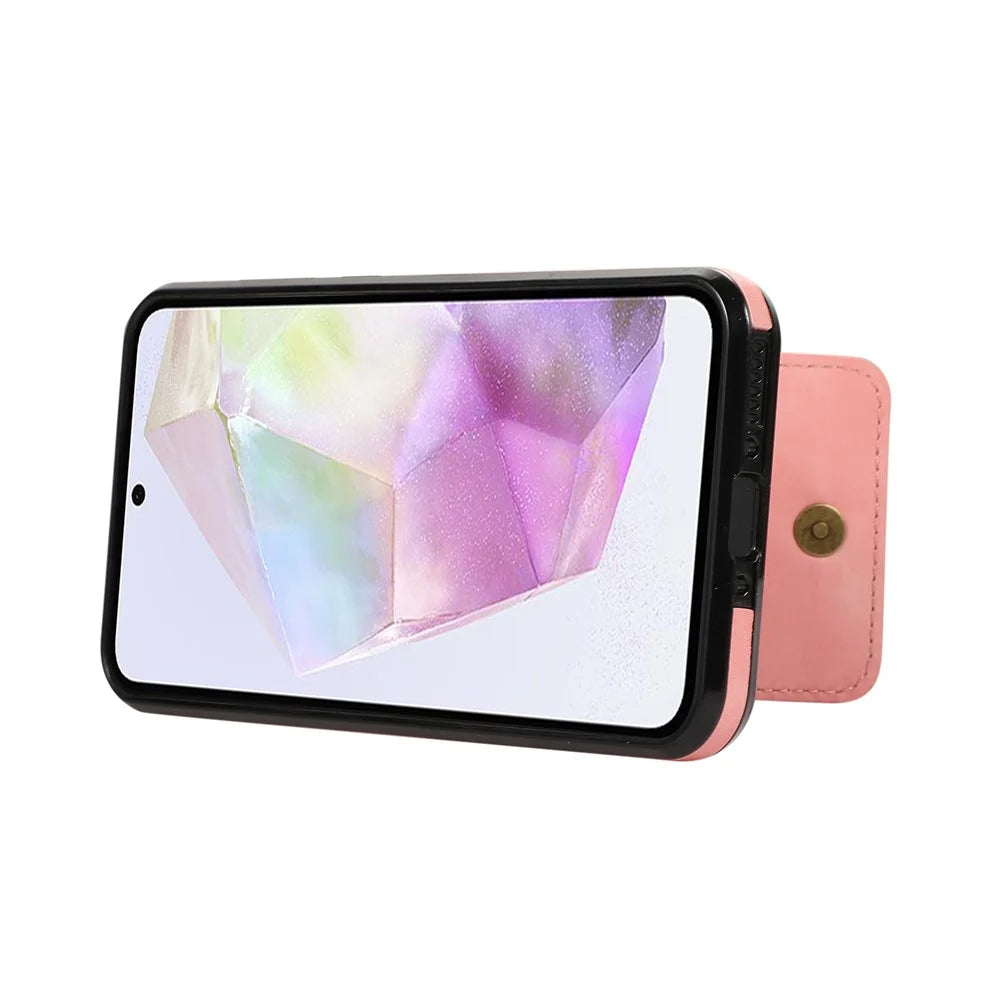 For Samsung Galaxy S26 Case Card Holder Kickstand Leather + TPU Phone Cover with Shoulder Strap - Pink - 4
