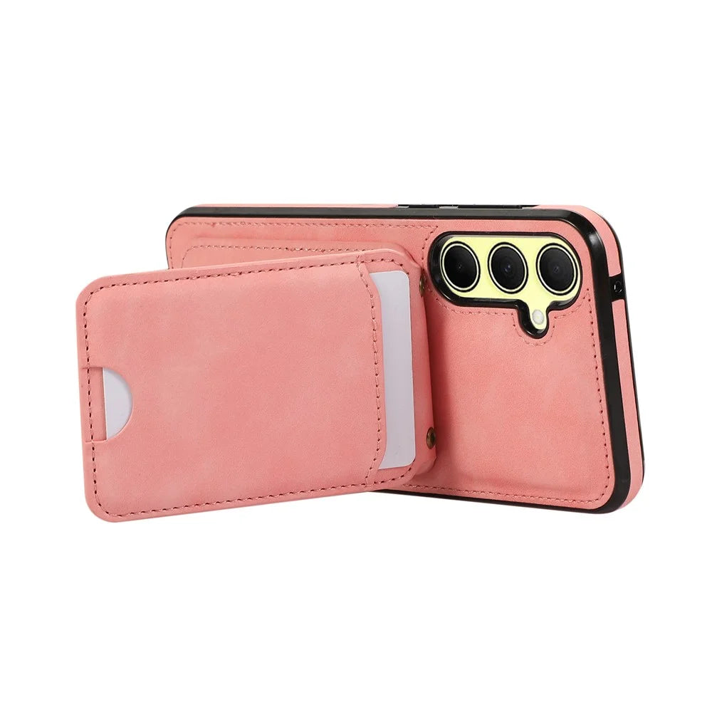 For Samsung Galaxy S26 Case Card Holder Kickstand Leather + TPU Phone Cover with Shoulder Strap - Pink - 5
