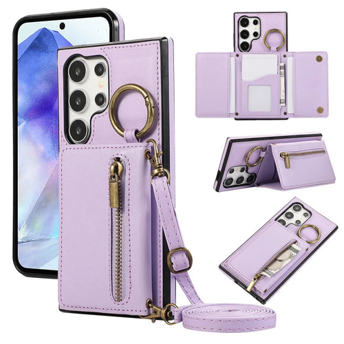 For Samsung Galaxy S26 Ultra Leather Back Cover Zipper Wallet Kickstand Phone Case with Shoulder Strap - Purple - 1