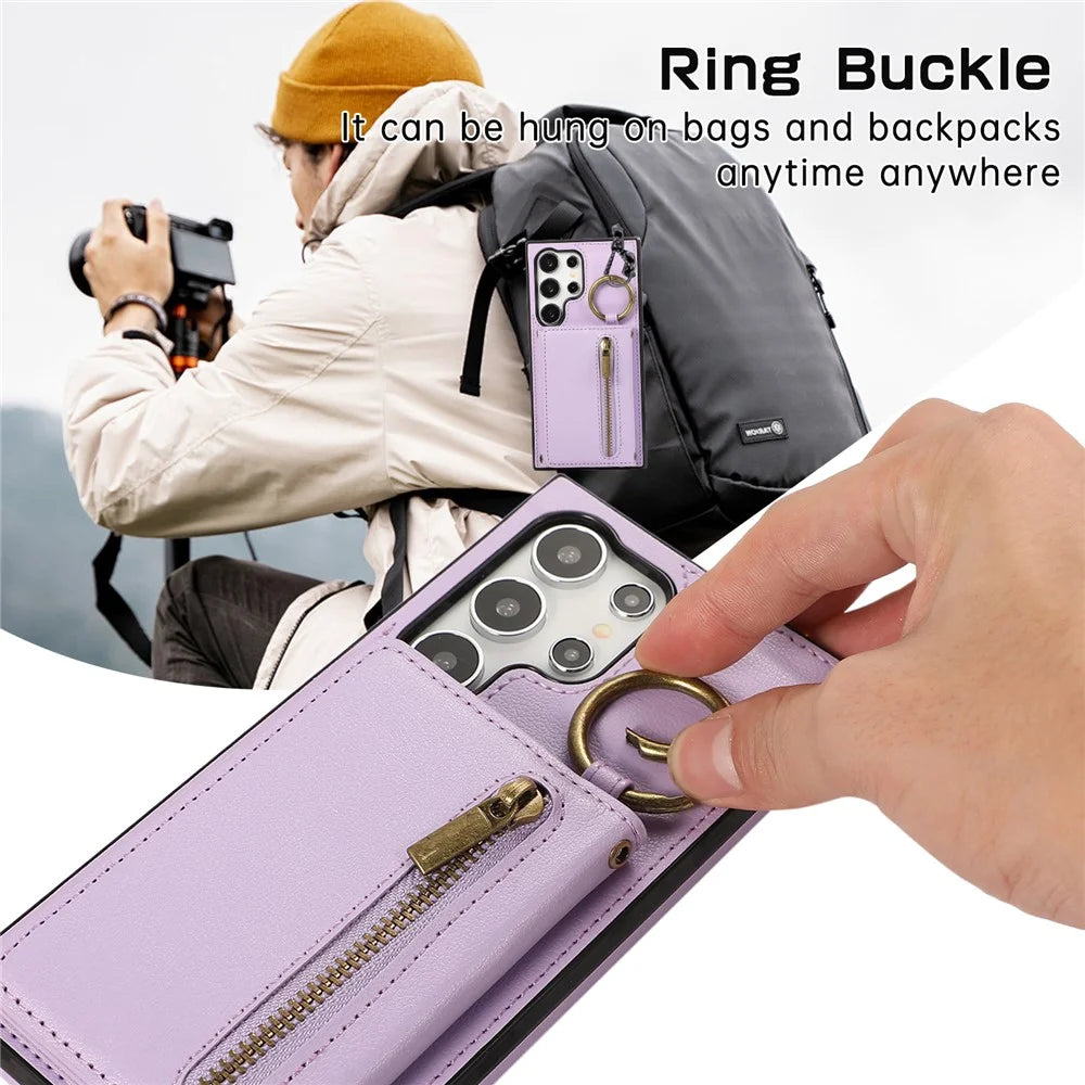 For Samsung Galaxy S26 Ultra Leather Back Cover Zipper Wallet Kickstand Phone Case with Shoulder Strap - Purple - 7