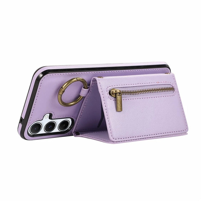 For Samsung Galaxy S26 Leather Back Cover Zipper Wallet Kickstand Phone Case with Shoulder Strap - Purple - 2
