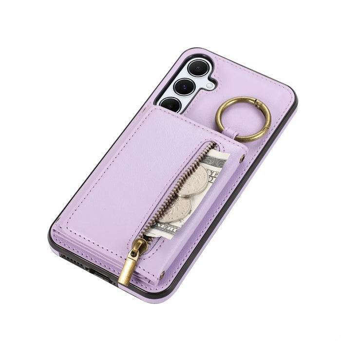 For Samsung Galaxy S26 Leather Back Cover Zipper Wallet Kickstand Phone Case with Shoulder Strap - Purple - 4