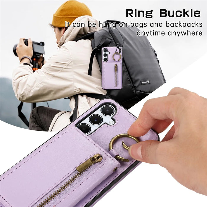 For Samsung Galaxy S26 Leather Back Cover Zipper Wallet Kickstand Phone Case with Shoulder Strap - Purple - 7