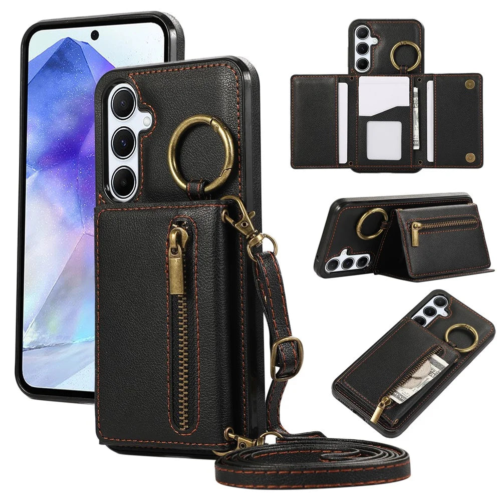 For Samsung Galaxy S26+ Leather Back Cover Zipper Wallet Kickstand Phone Case with Shoulder Strap - Black - 1