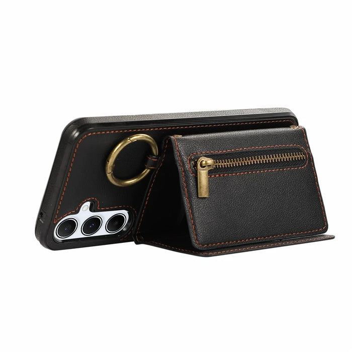 For Samsung Galaxy S26+ Leather Back Cover Zipper Wallet Kickstand Phone Case with Shoulder Strap - Black - 2