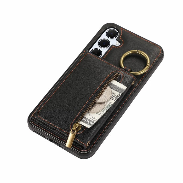 For Samsung Galaxy S26+ Leather Back Cover Zipper Wallet Kickstand Phone Case with Shoulder Strap - Black - 5