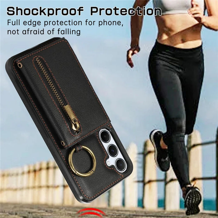 For Samsung Galaxy S26+ Leather Back Cover Zipper Wallet Kickstand Phone Case with Shoulder Strap - Black - 6