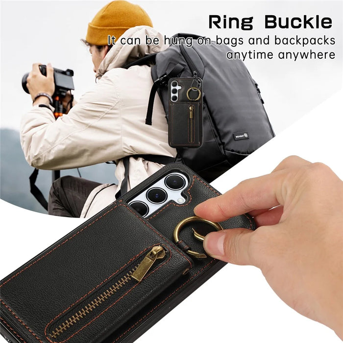For Samsung Galaxy S26+ Leather Back Cover Zipper Wallet Kickstand Phone Case with Shoulder Strap - Black - 7