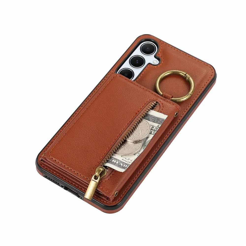 For Samsung Galaxy A37 5G Leather Back Cover Zipper Wallet Kickstand Phone Case with Shoulder Strap - Brown - 5