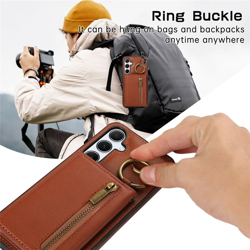 For Samsung Galaxy A37 5G Leather Back Cover Zipper Wallet Kickstand Phone Case with Shoulder Strap - Brown - 7