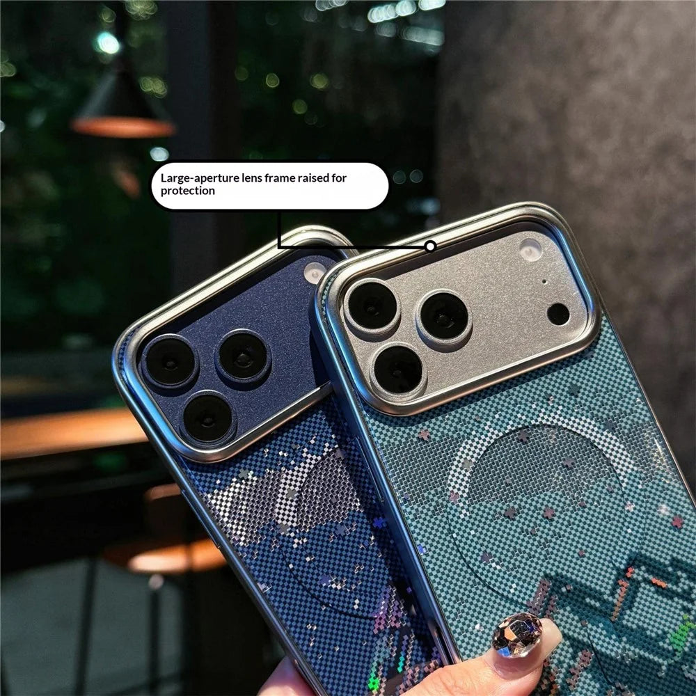 For iPhone 17 Pro Case Compatible with MagSafe Starry Mountain Series Pixel Style Gradient Design TPU + PC Phone Cover - Navy Blue - 4