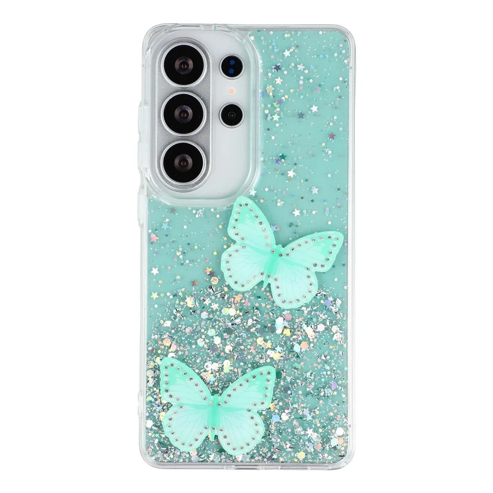 For Samsung Galaxy S26 Ultra Case Epoxy PVC Butterfly TPU Aesthetics Phone Cover - Green - 2