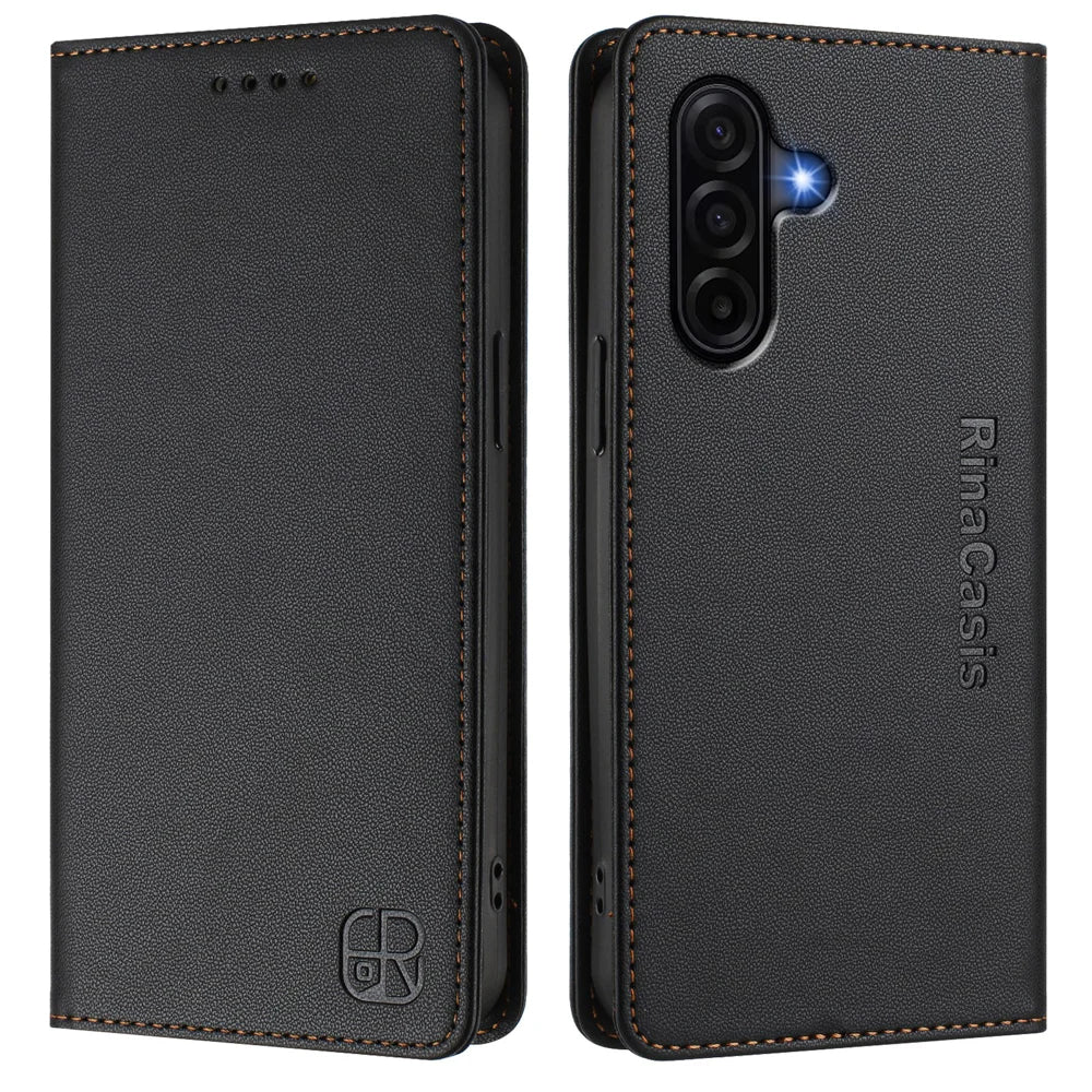For Samsung Galaxy A57 5G Leather Case RINACASIS RC01 Phone Cover with RFID Blocking Wallet Stand - Black - 1