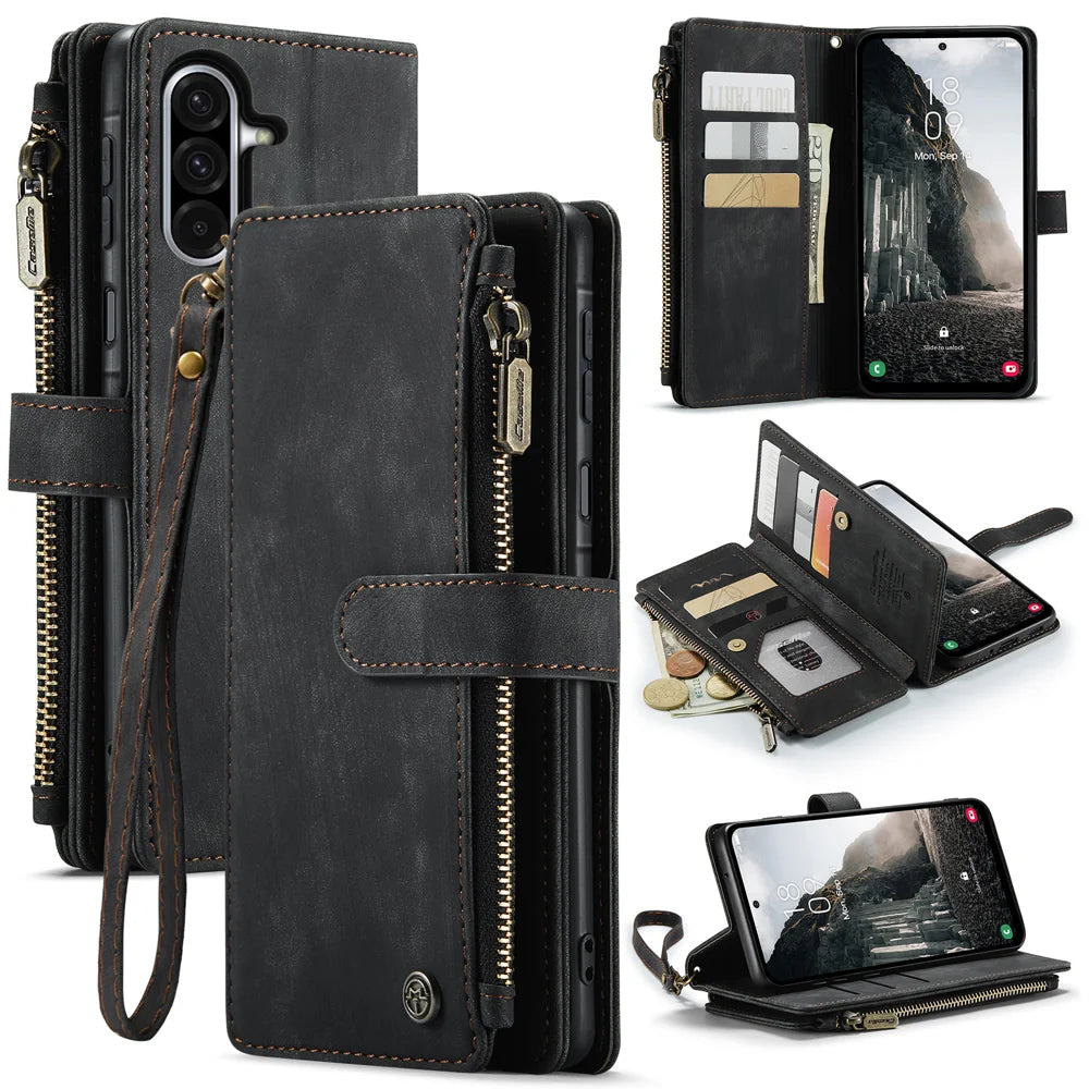 CASEME For Samsung Galaxy A37 5G Phone Cases with Strap  C30 Zipper Multiple Card Holder PU Leather Cover - Black - 1
