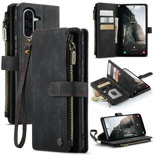 CASEME For Samsung Galaxy A37 5G Phone Cases with Strap  C30 Zipper Multiple Card Holder PU Leather Cover - Black - 1