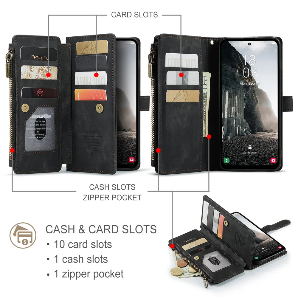 CASEME For Samsung Galaxy A37 5G Phone Cases with Strap  C30 Zipper Multiple Card Holder PU Leather Cover - Black - 3