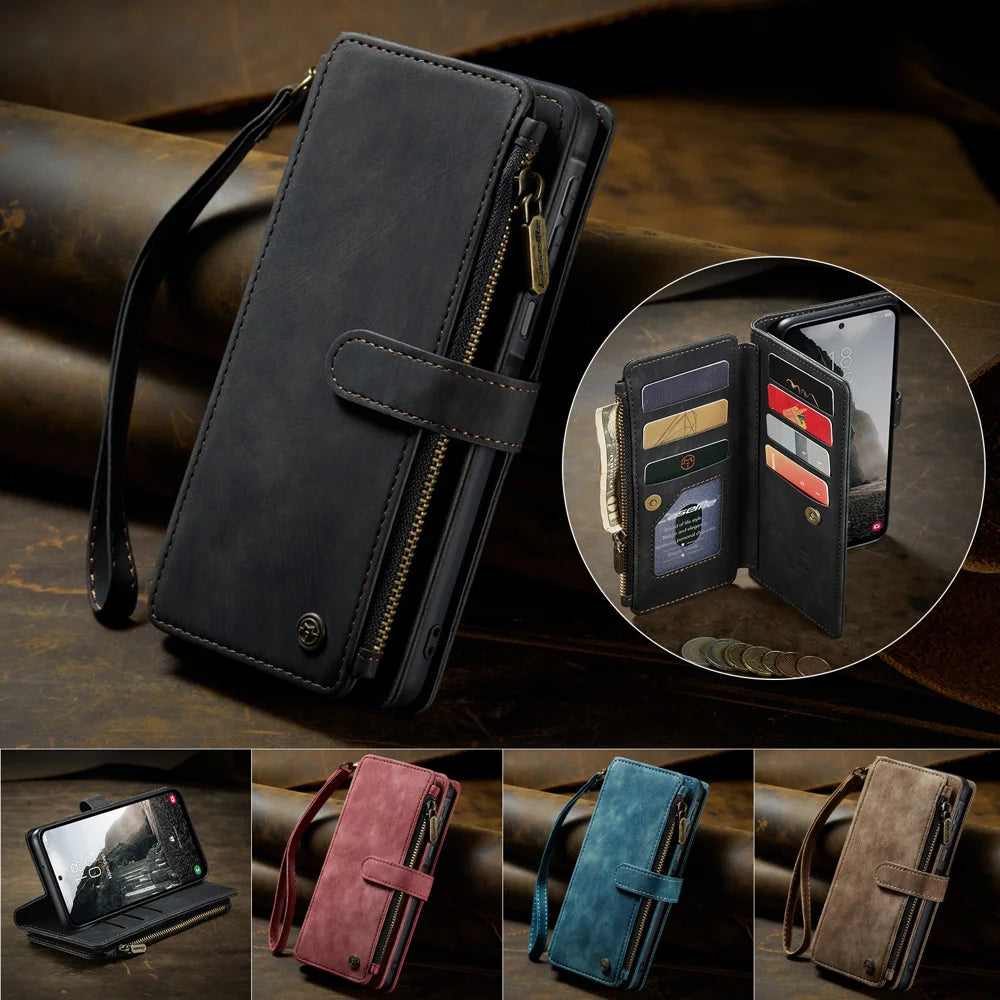 CASEME For Samsung Galaxy A37 5G Phone Cases with Strap  C30 Zipper Multiple Card Holder PU Leather Cover - Black - 4