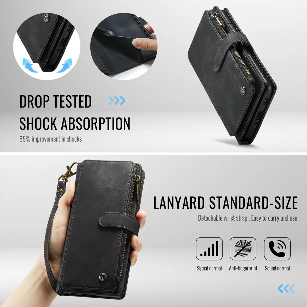 CASEME For Samsung Galaxy A37 5G Phone Cases with Strap  C30 Zipper Multiple Card Holder PU Leather Cover - Black - 6