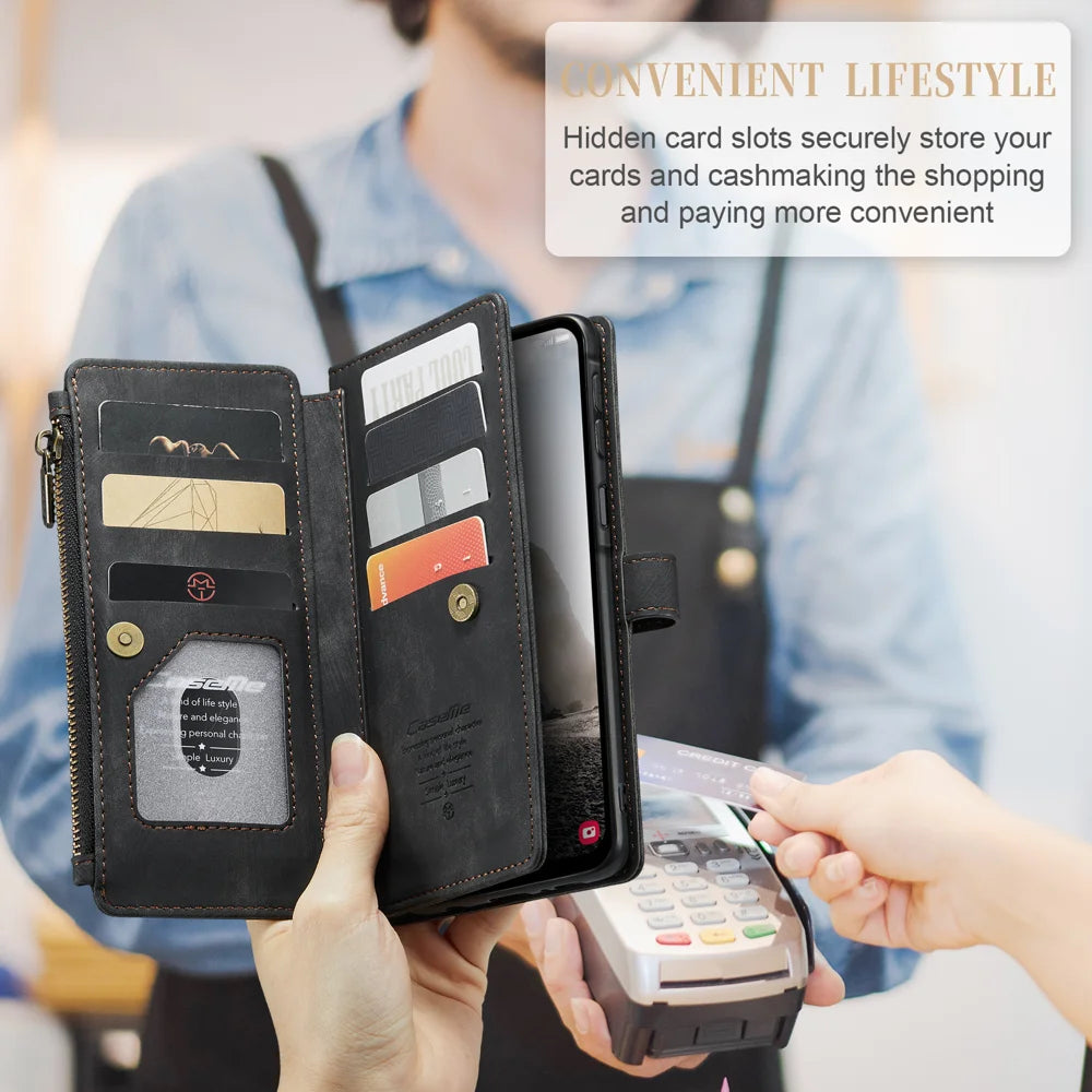 CASEME For Samsung Galaxy A37 5G Phone Cases with Strap  C30 Zipper Multiple Card Holder PU Leather Cover - Black - 7