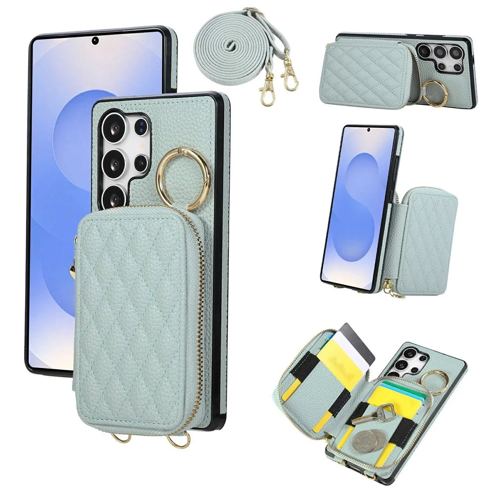 For Samsung Galaxy S26 Ultra Case Zipper Card Holder  PU Leather Phone Back Cover with Shoulder Strap - Blue - 1