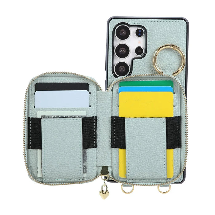 For Samsung Galaxy S26 Ultra Case Zipper Card Holder  PU Leather Phone Back Cover with Shoulder Strap - Blue - 2