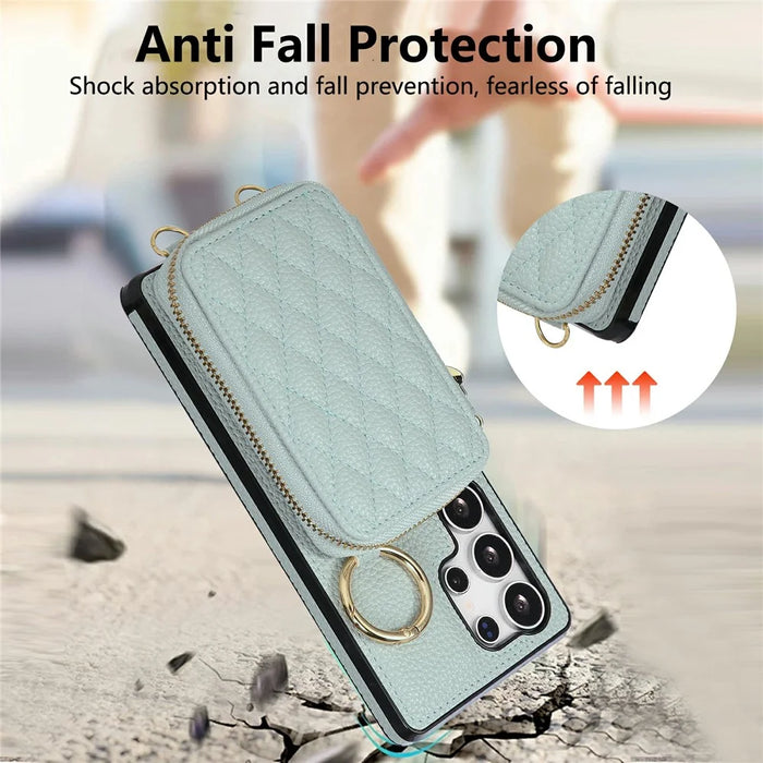 For Samsung Galaxy S26 Ultra Case Zipper Card Holder  PU Leather Phone Back Cover with Shoulder Strap - Blue - 6
