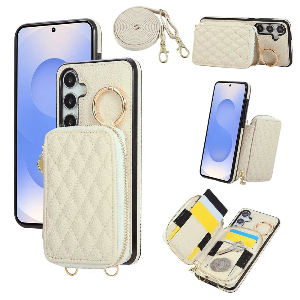 For Samsung Galaxy A57 5G Case Zipper Card Holder PU Leather Phone Back Cover with Shoulder Strap - Beige - 1