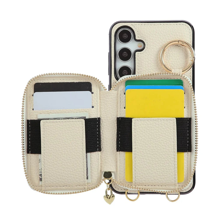 For Samsung Galaxy A57 5G Case Zipper Card Holder PU Leather Phone Back Cover with Shoulder Strap - Beige - 4