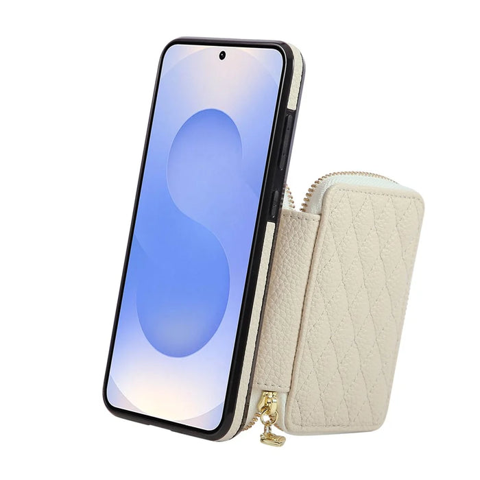 For Samsung Galaxy A57 5G Case Zipper Card Holder PU Leather Phone Back Cover with Shoulder Strap - Beige - 5