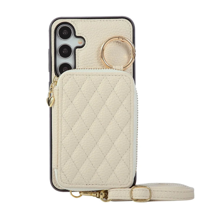 For Samsung Galaxy A57 5G Case Zipper Card Holder PU Leather Phone Back Cover with Shoulder Strap - Beige - 6