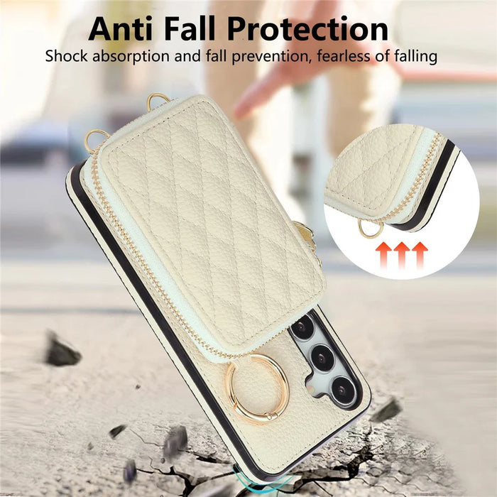 For Samsung Galaxy A57 5G Case Zipper Card Holder PU Leather Phone Back Cover with Shoulder Strap - Beige - 7