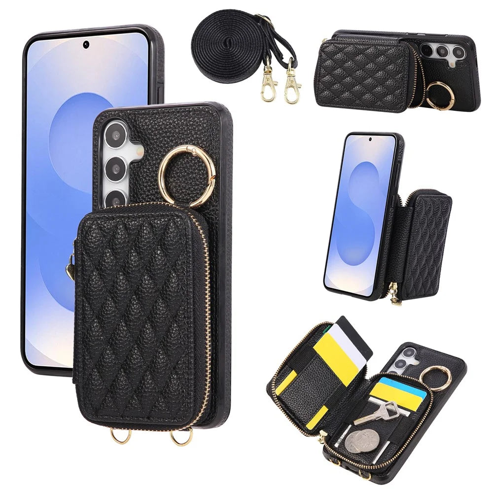 For Samsung Galaxy S26 Case Zipper Card Holder PU Leather Phone Back Cover with Shoulder Strap - Black - 1