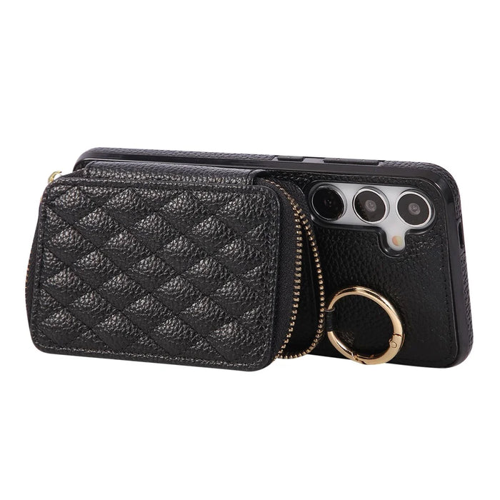 For Samsung Galaxy S26 Case Zipper Card Holder PU Leather Phone Back Cover with Shoulder Strap - Black - 3