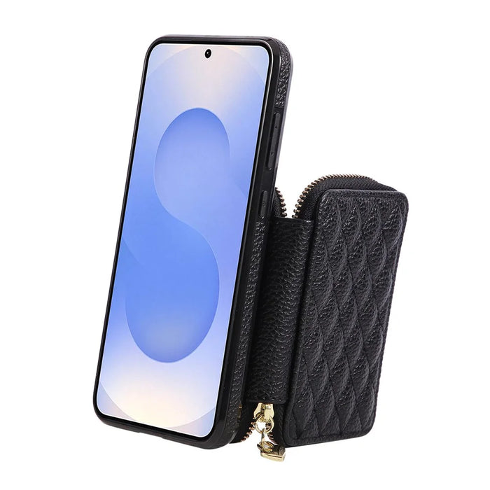 For Samsung Galaxy S26 Case Zipper Card Holder PU Leather Phone Back Cover with Shoulder Strap - Black - 4