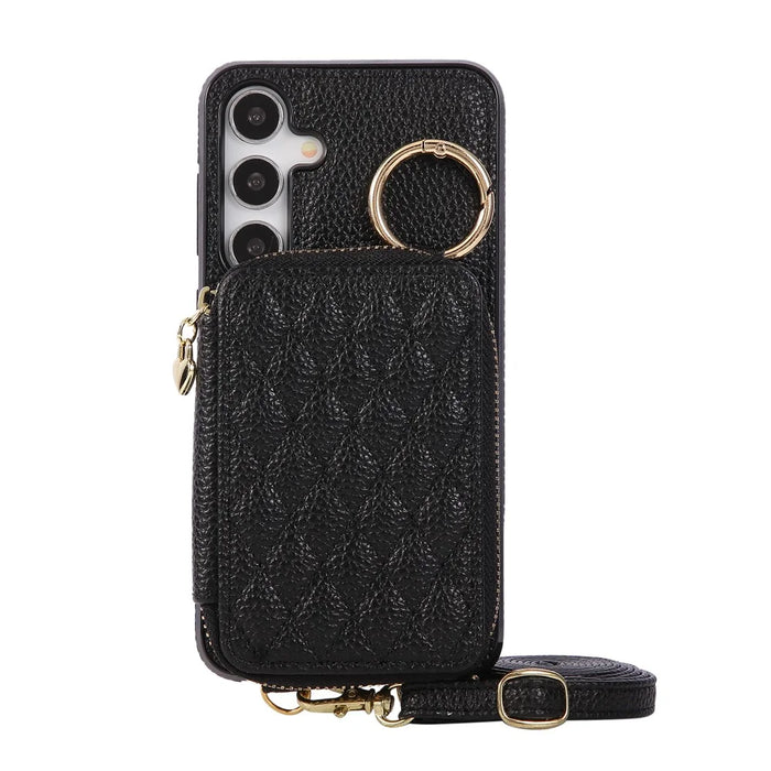For Samsung Galaxy S26 Case Zipper Card Holder PU Leather Phone Back Cover with Shoulder Strap - Black - 6