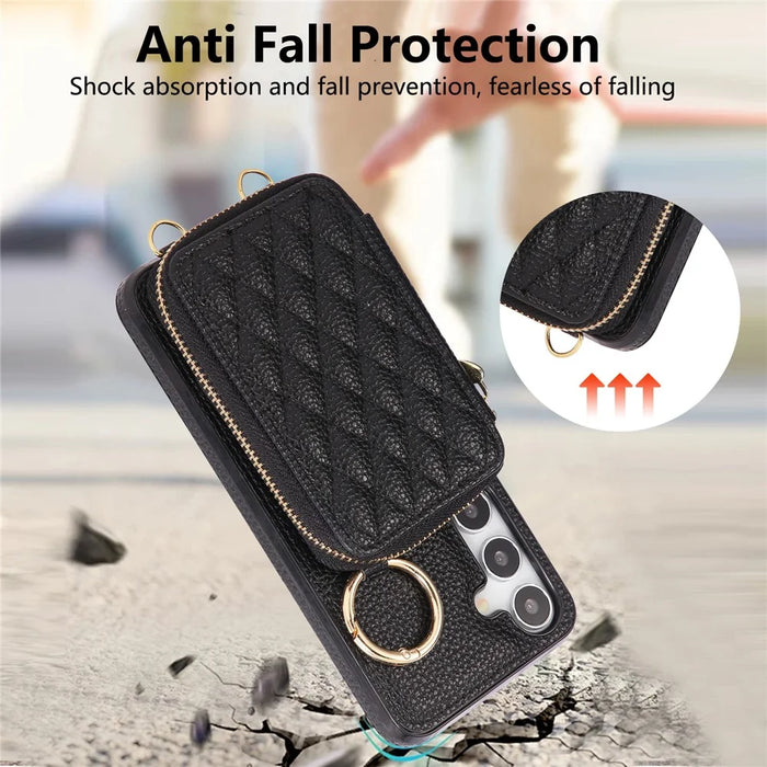 For Samsung Galaxy S26 Case Zipper Card Holder PU Leather Phone Back Cover with Shoulder Strap - Black - 7