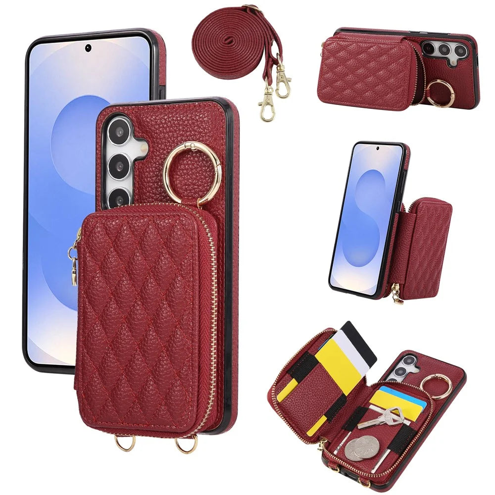 For Samsung Galaxy S26+ Case Zipper Card Holder PU Leather Phone Back Cover with Shoulder Strap - Red - 1