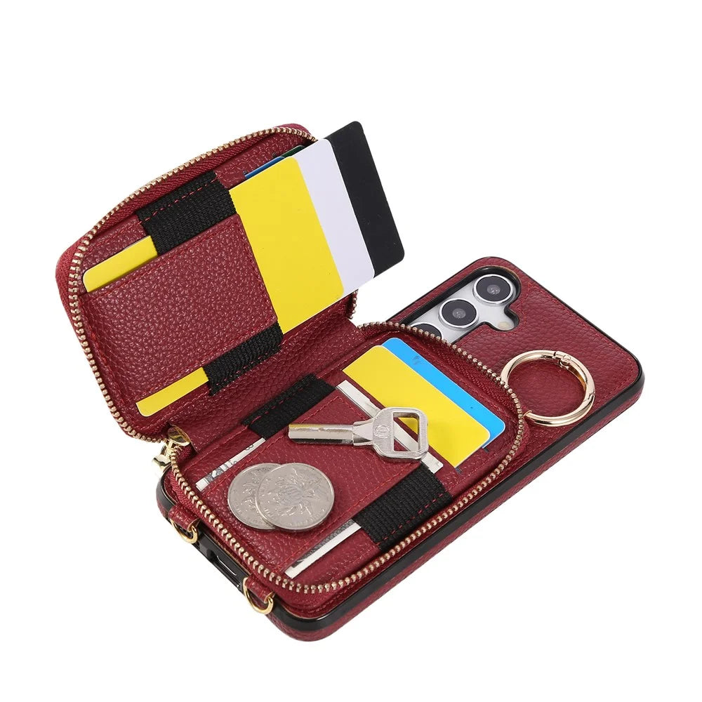 For Samsung Galaxy S26+ Case Zipper Card Holder PU Leather Phone Back Cover with Shoulder Strap - Red - 2