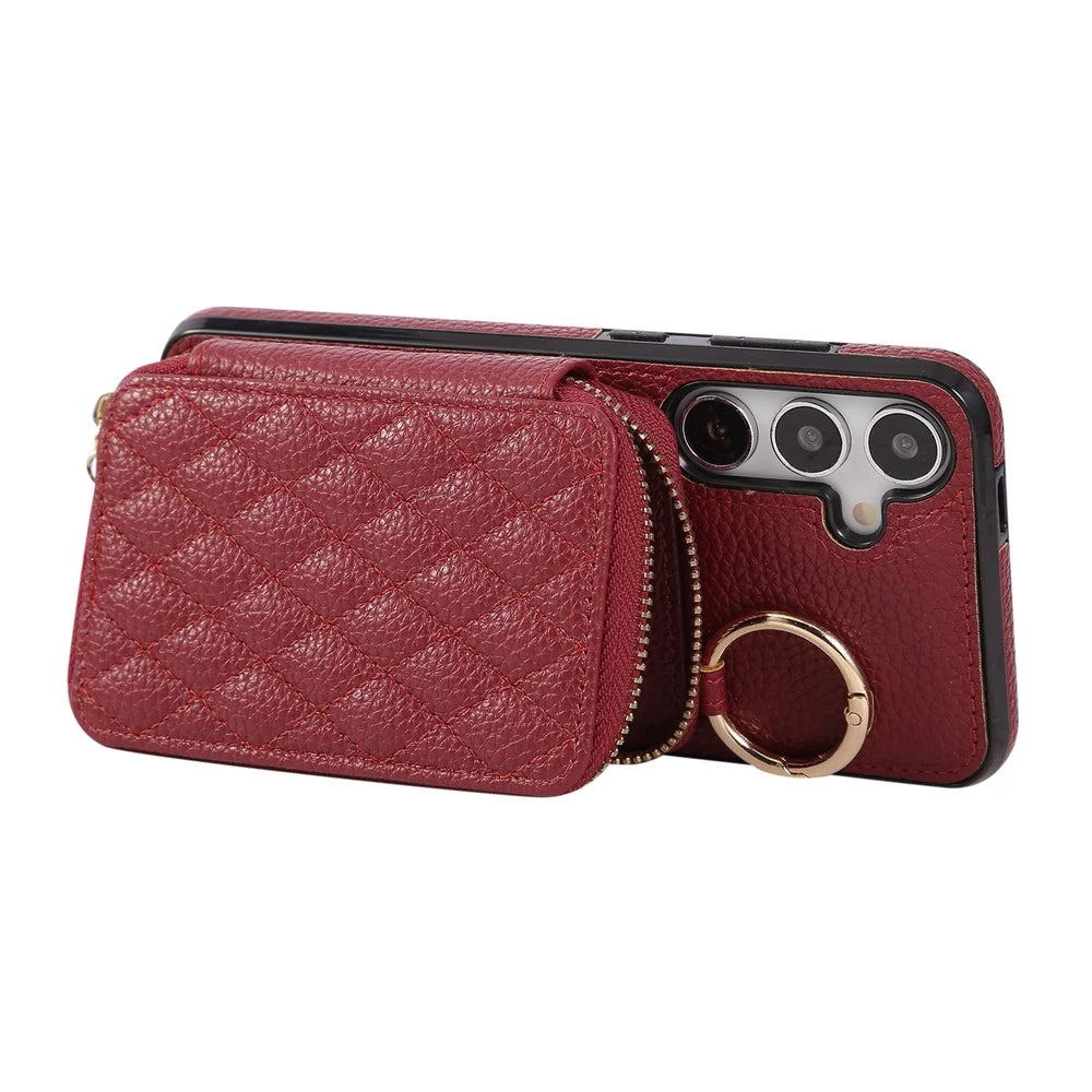 For Samsung Galaxy S26+ Case Zipper Card Holder PU Leather Phone Back Cover with Shoulder Strap - Red - 3