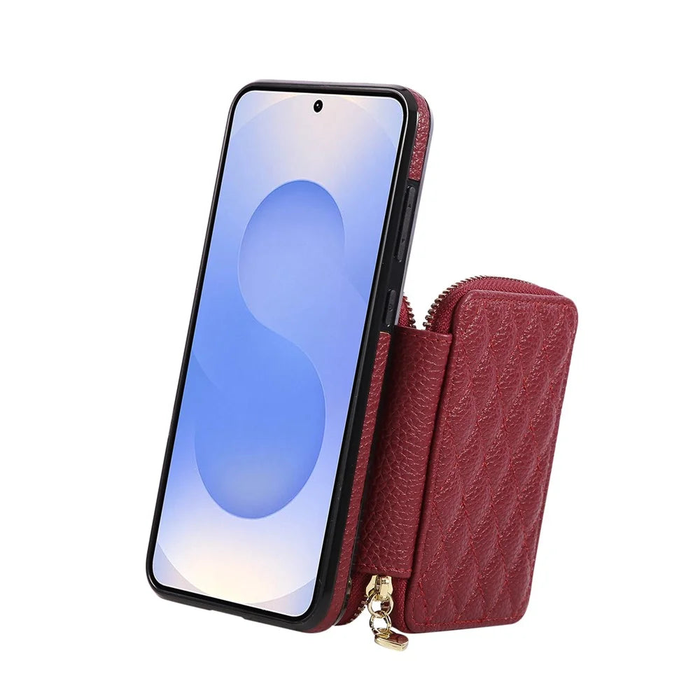 For Samsung Galaxy S26+ Case Zipper Card Holder PU Leather Phone Back Cover with Shoulder Strap - Red - 4