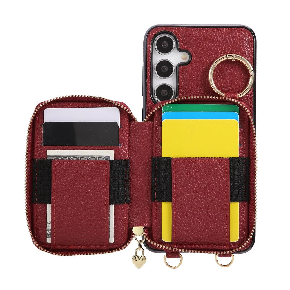 For Samsung Galaxy S26+ Case Zipper Card Holder PU Leather Phone Back Cover with Shoulder Strap - Red - 5