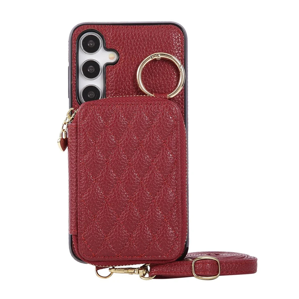 For Samsung Galaxy S26+ Case Zipper Card Holder PU Leather Phone Back Cover with Shoulder Strap - Red - 6