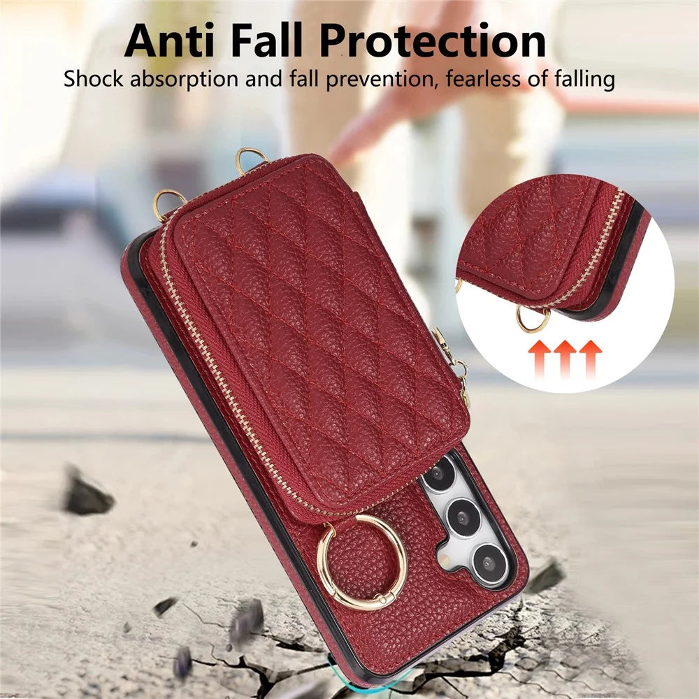 For Samsung Galaxy S26+ Case Zipper Card Holder PU Leather Phone Back Cover with Shoulder Strap - Red - 7