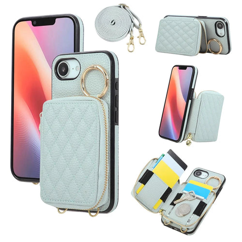 For iPhone 17e / 16e Case Zipper Card Holder PU Leather Phone Back Cover with Shoulder Strap - Blue - 1