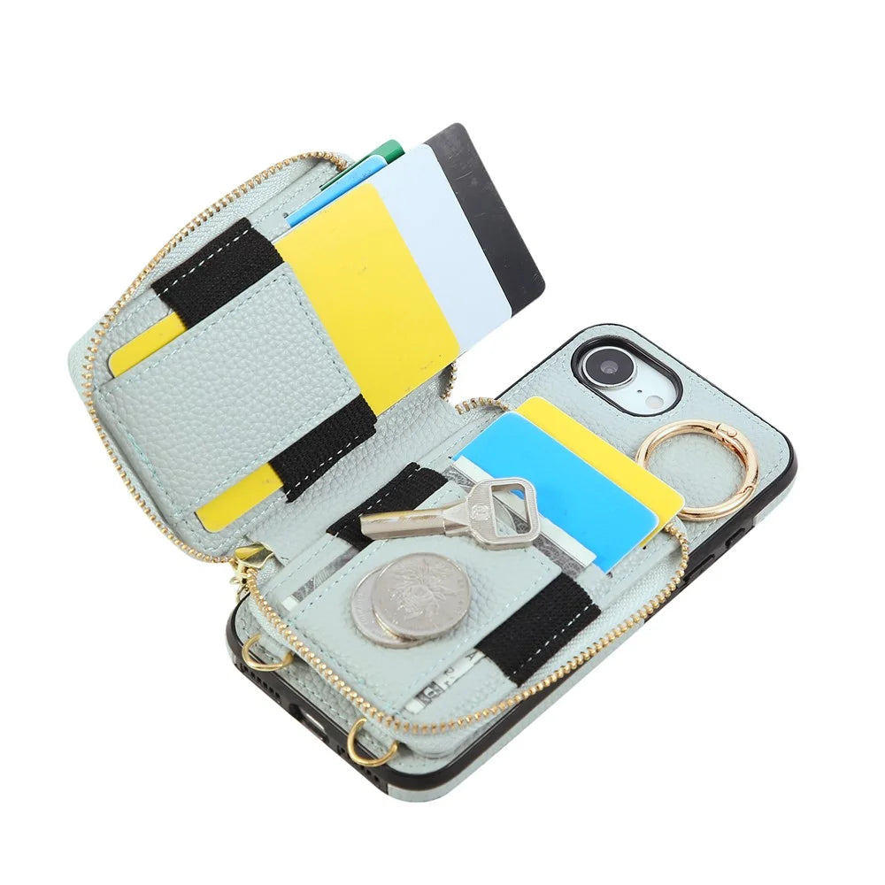 For iPhone 17e / 16e Case Zipper Card Holder PU Leather Phone Back Cover with Shoulder Strap - Blue - 2