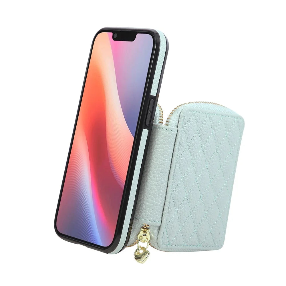 For iPhone 17e / 16e Case Zipper Card Holder PU Leather Phone Back Cover with Shoulder Strap - Blue - 3