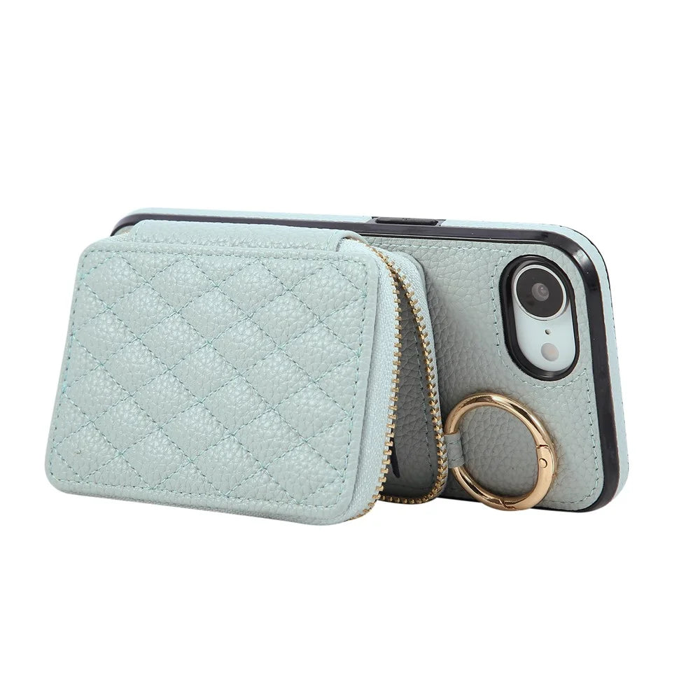 For iPhone 17e / 16e Case Zipper Card Holder PU Leather Phone Back Cover with Shoulder Strap - Blue - 4