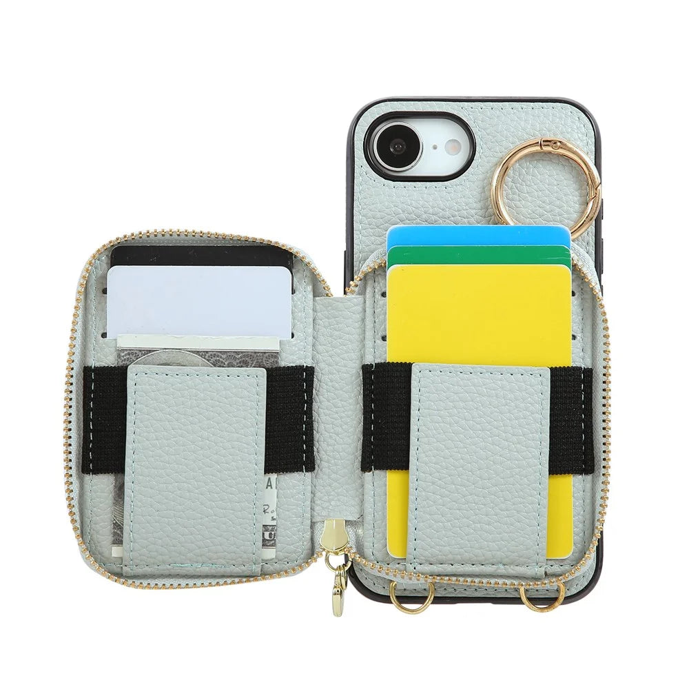 For iPhone 17e / 16e Case Zipper Card Holder PU Leather Phone Back Cover with Shoulder Strap - Blue - 5