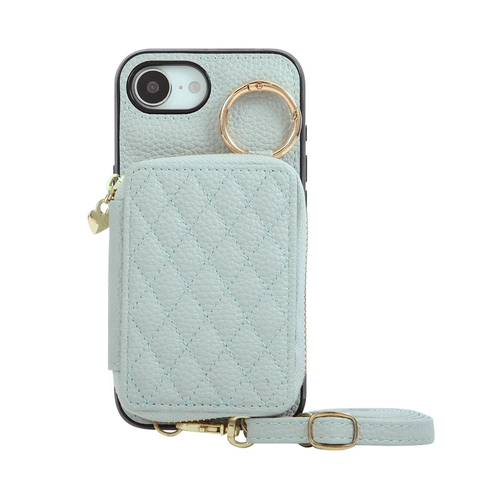For iPhone 17e / 16e Case Zipper Card Holder PU Leather Phone Back Cover with Shoulder Strap - Blue - 6