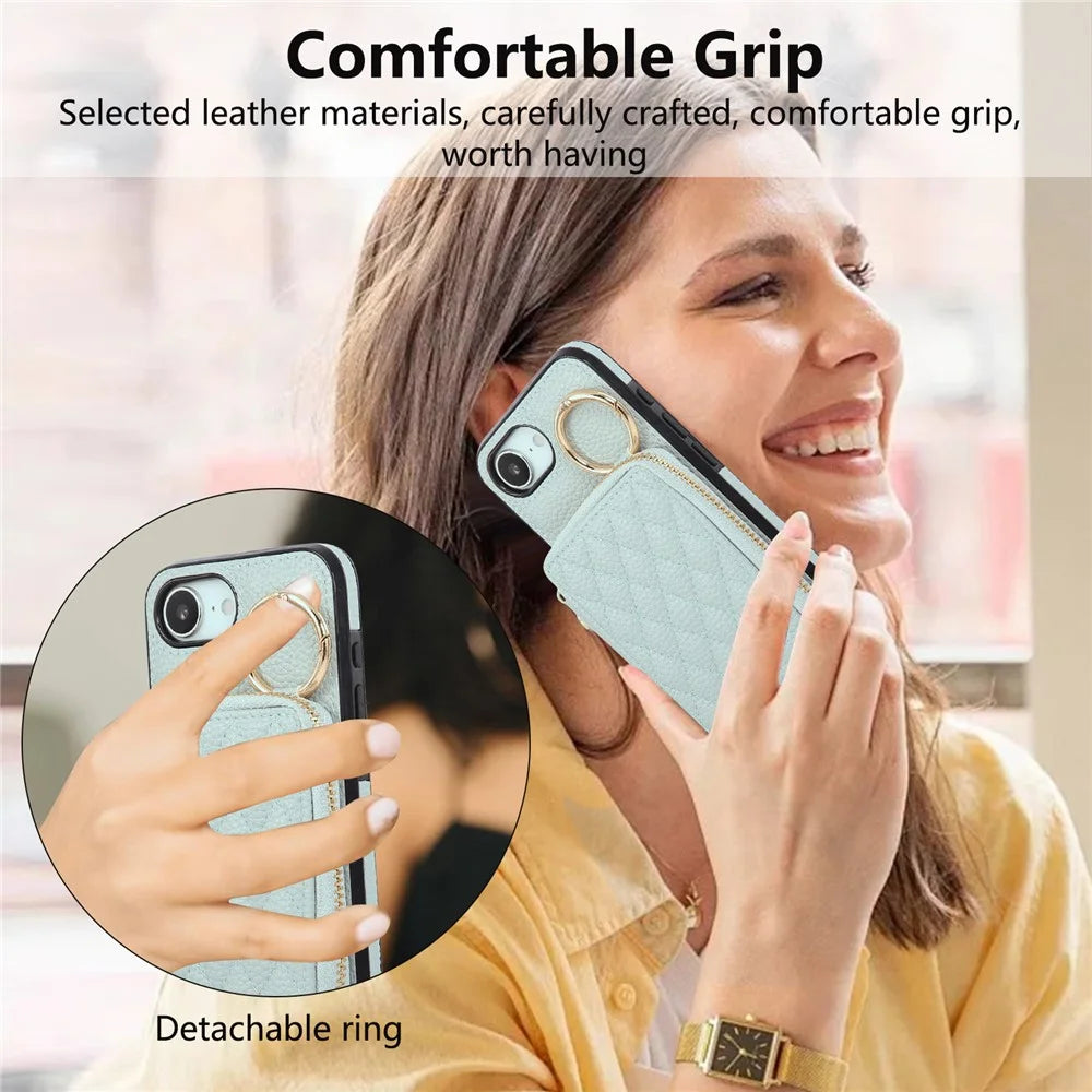 For iPhone 17e / 16e Case Zipper Card Holder PU Leather Phone Back Cover with Shoulder Strap - Blue - 7